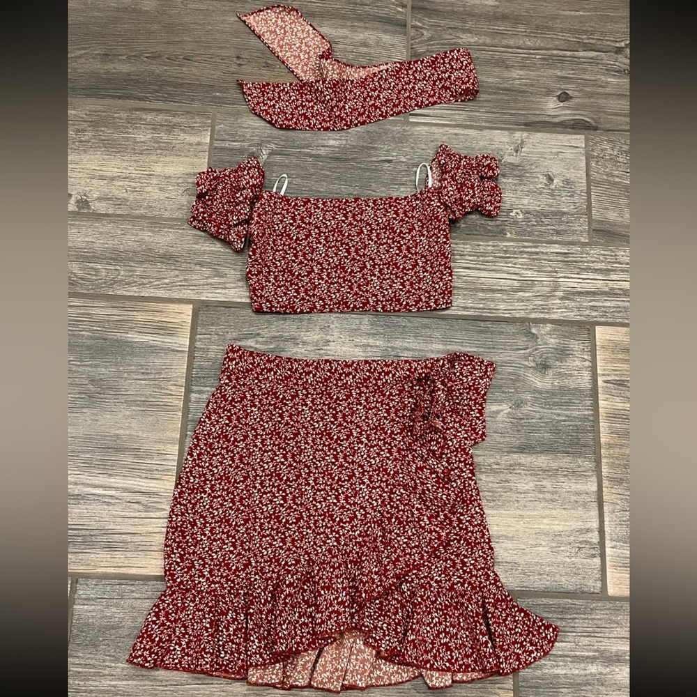 Floral Red Three-Piece Skirt Set